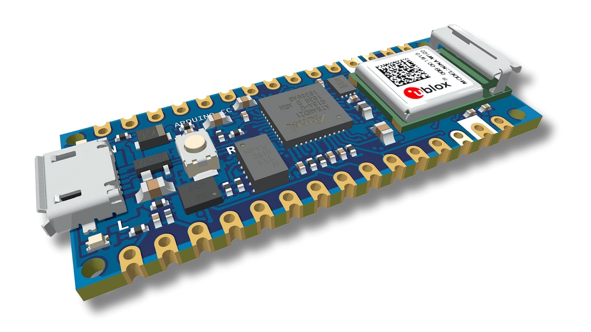 A microcontroller with an inertial measurement unit (IMU) and BLE.
